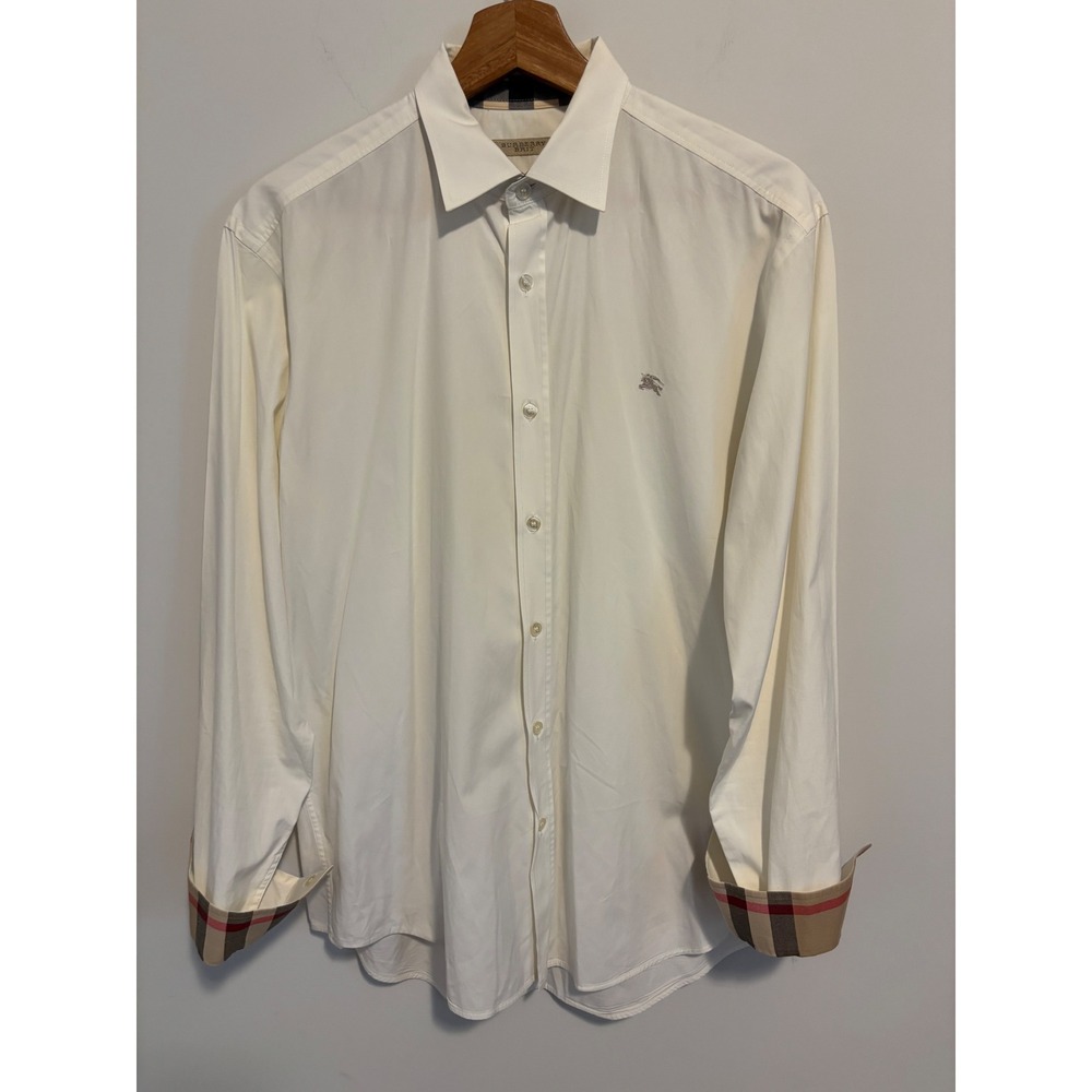 Burberry Brit Mens Cream Nova Check Trim Button Down Shirt Size M Off White